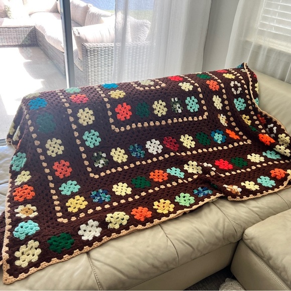 VTG Boho Retro Throw, Granny Square Afghan, Crochet Jewel-Tone Blanket 88” x 67” - Picture 3 of 7
